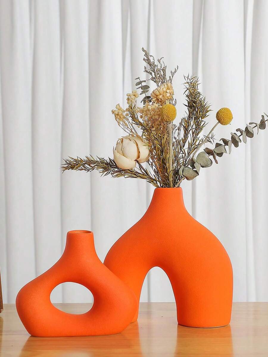 Orange Ceramic Vase 2 Pieces Set Suitable For Modern Minimalist Bohemian Decoration, Round Matte Donut Vase Suitable For Reed - Perfect For Decorating Living Rooms, Dining Tables, Office Bedrooms, Shelves, Entrances, Consoles Flower Vase,Room Decor,Home Decor,Centerpieces,Table Decor Glass Vase - Orange - View 1