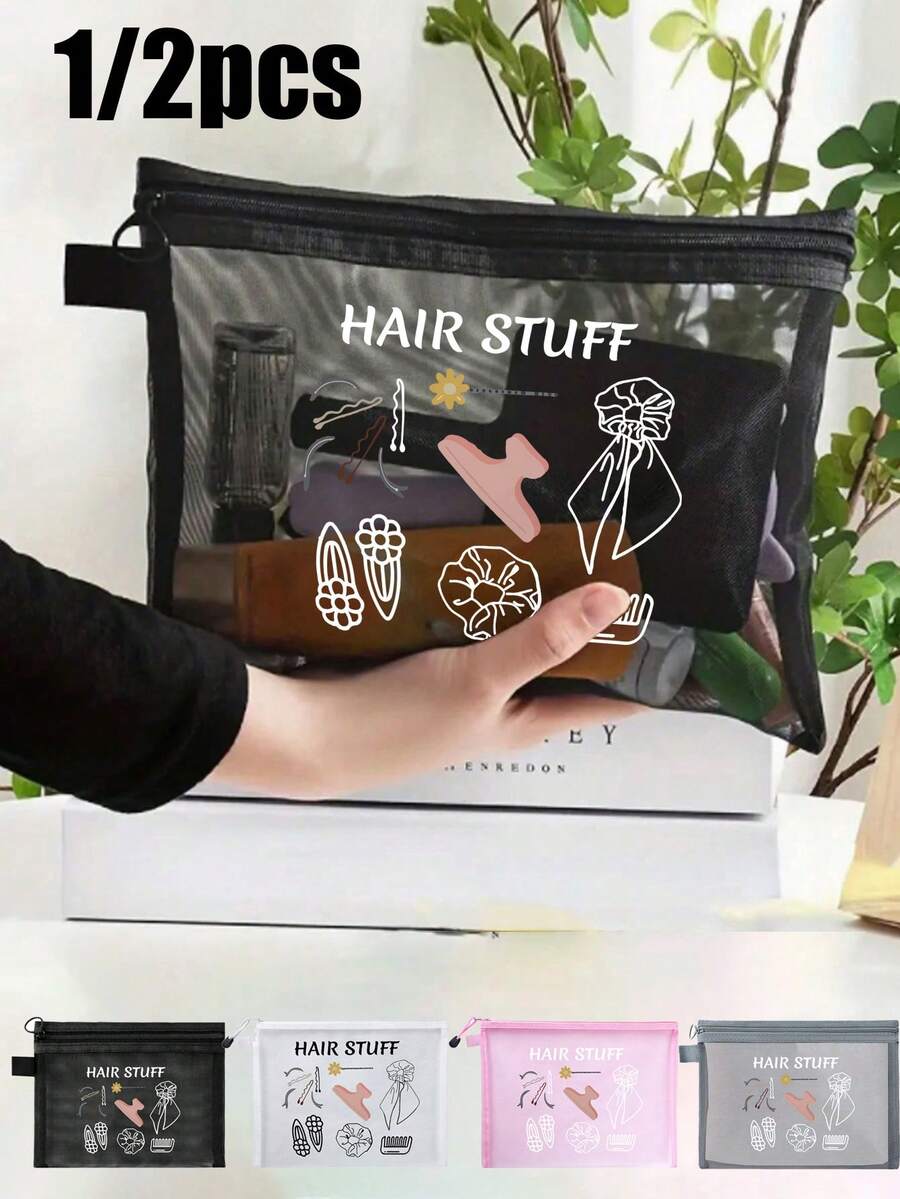Red Mesh Cosmetic Bag With Hair Accessory Pattern, Multifunctional Makeup Pouch For Storing Hair Clips, Headbands, Compact Portable Makeup Bag, Skincare Organizer, Travel Essential, Dorm Supplies, Bridal Gift, Holiday Necessity, Vacation Travel Accessory Make Up Bag - Black - View 1