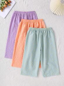 3 sztuki dwukolorowych spodni w kratę, casualowych, młodzieżowych, eleganckich i uroczych z materiału ze ściągaczem 3/4, damskiej bielizny nocnej