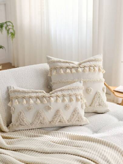 1pc Bohemian Floral Geometric Tufted Embroidered Pillow Case, Suitable For Indoor Decor, All Season Tassel Trim Decorative Pillow Cover, Without Pillow Insert