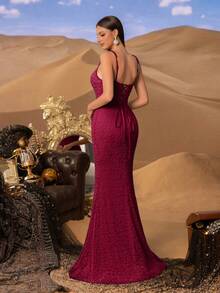 Faeriesty Elegant Luxurious Mermaid Evening Gown With Spaghetti Strap And Pearl Decoration, Suitable For Formal Occasions Such As High-End Banquets, Weddings, Red Carpets, Luxury Parties - Burgundy - View 2