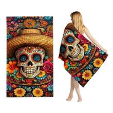 Extra Soft Quick-Dry Beach Towel With Vibrant Skull And Floral Fedora Design - Highly Absorbent, Machine Washable, Ideal For Swimming, Fitness, Travel, Camping, Surfing And Outdoor Adventures Summer Holiday Bathroom Decor Beach Essentials - Multicolor - View 2