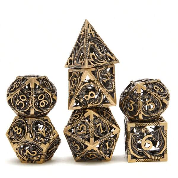 Set van 7 metalen dobbelstenen in de vorm van een holle draak - lichtgewicht polyhedronvorm, geschikt voor rollenspellen, bordspellen en kaartspellen