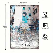 1 pièce Affiche vintage en métal de carte, 30*40 cm - Œuvre murale de carte de rue rétro de Naples pour la maison, le bar, la décoration du garage - Cadeau intéressant pour les hommes, horizontal, décoration murale en métal sans cadre