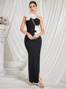 Asymmetrical Neck Backless Floral Embellished Gown Dresses Elegant Formal Evening Prom Wedding Guest Gown, For Graduation, Dinner, Party Dress, For Cocktail