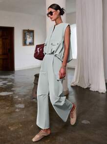 Sollinarry 2pcs Women Summer New Zipper Sleeveless Top And Long Pants Set, Music Festival