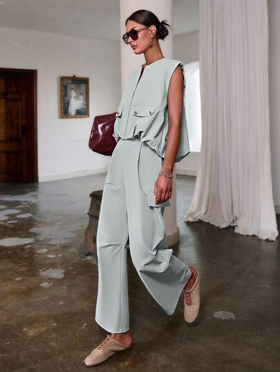 Sollinarry 两件套女士夏季时尚宽松拉链无袖上衣和裤子套装，裤子采用松紧腰设计，适合工作、度假、音乐节等场合，宽松版型，建议选购小一码。