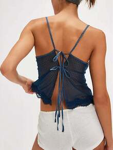 Women Sexy Tie Up Lace Trim Cami Tops Semi Sheer Crop Tops Y2k Girls Cute Summer Camisole Shirt Going Out Tops - 藍色 - 查看 3