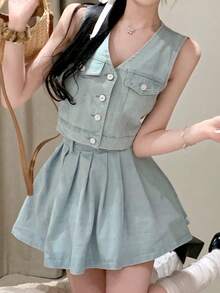 法式辣妹风牛仔背心，时尚显瘦的夏日美学 - 淺色水洗藍 - 查看 3