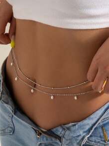 2 piezas Cadena doble de perlas para la cintura de bikini para fiesta nocturna sexy - Cadena de bikini sencilla para el vientre - Accesorios de joyas de cadena para el Body de verano para mujeres y niñas