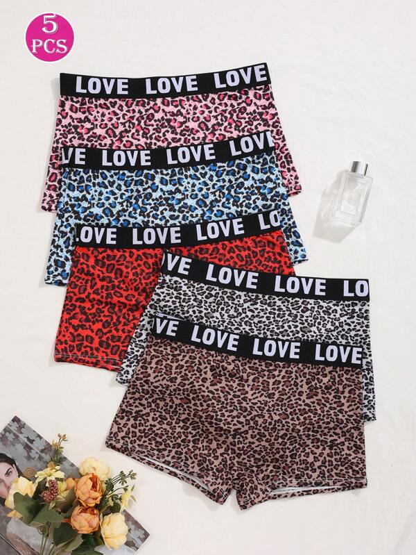 5pcs/Pack Leopard & Random Letter Print Mature Charm-Elegant Jacquard Knit Fabric Breathable Stretchy Women Briefs, All Season
