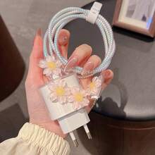 5pcs/Set European Version 20W Transparent Charger Head Protection Case + Data Cable Protector Compatible With IPhone 13/14/15/16 Pro Max/Plus, DIY Cherry Blossom Charger Protector - Multicolor - View 2