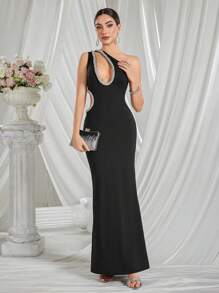 Black Cutout Gown Dresses For Semi-Formal Prom Cocktail Party For Birthday, Graduation, Dinner Party, Homecoming Dance, For Evening, Wedding Guest