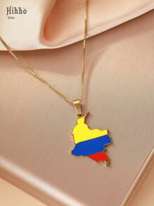 Hihho 1 pièce Collier pendentif en acier de titane avec carte de Colombie, collier avec chaîne en boîte plaqué or 18 carats, collier unisexe en acier inoxydable pour couple, convient pour un port quotidien, cadeau de vacances