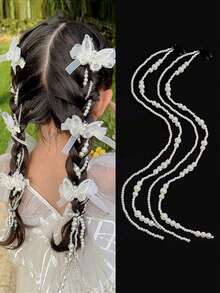 6 件/套女孩蝴蝶发夹公主丝带编织发饰珍珠发带 - 白色 - 查看 13