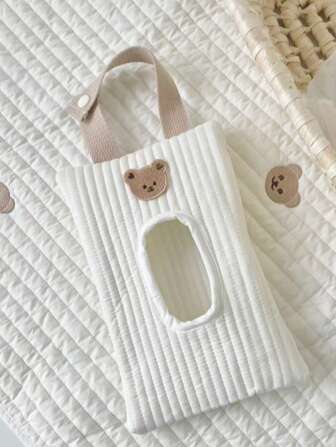 1 件可爱白色泰迪熊设计纸巾收纳袋，便携式湿巾收纳袋