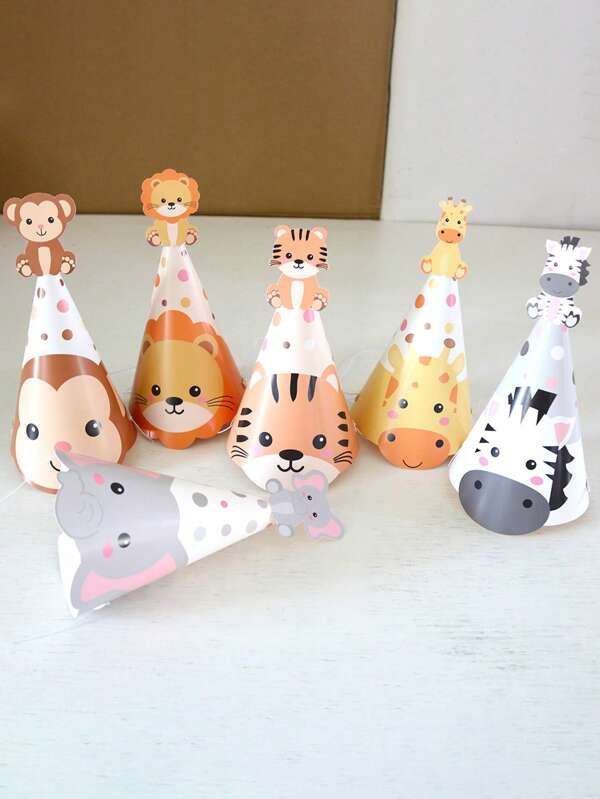 6pcs Jungle Animal Party Hats, Disposable Paper Birthday Caps, Assorted Designs, No-Feather, Electricity-Free, With Tiger, Elephant, Lion, Giraffe, Monkey, Zebra For Photography Props, Birthday Celebrations, Festive Party Decor, Decorative Party Hats