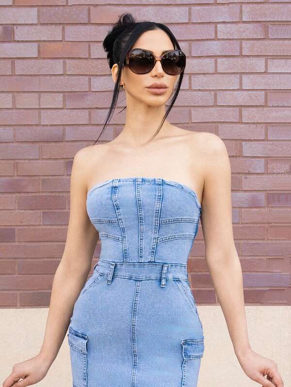Carolina Barros Vestido vaquero sin tirantes y elástico con lavado de agua para mujeres