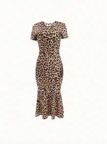 European & American Stylish Summer New Fashion Elegant Holiday Beach Home Party Date Leopard Print Round Neck Short Sleeve Fishtail Hem Dress