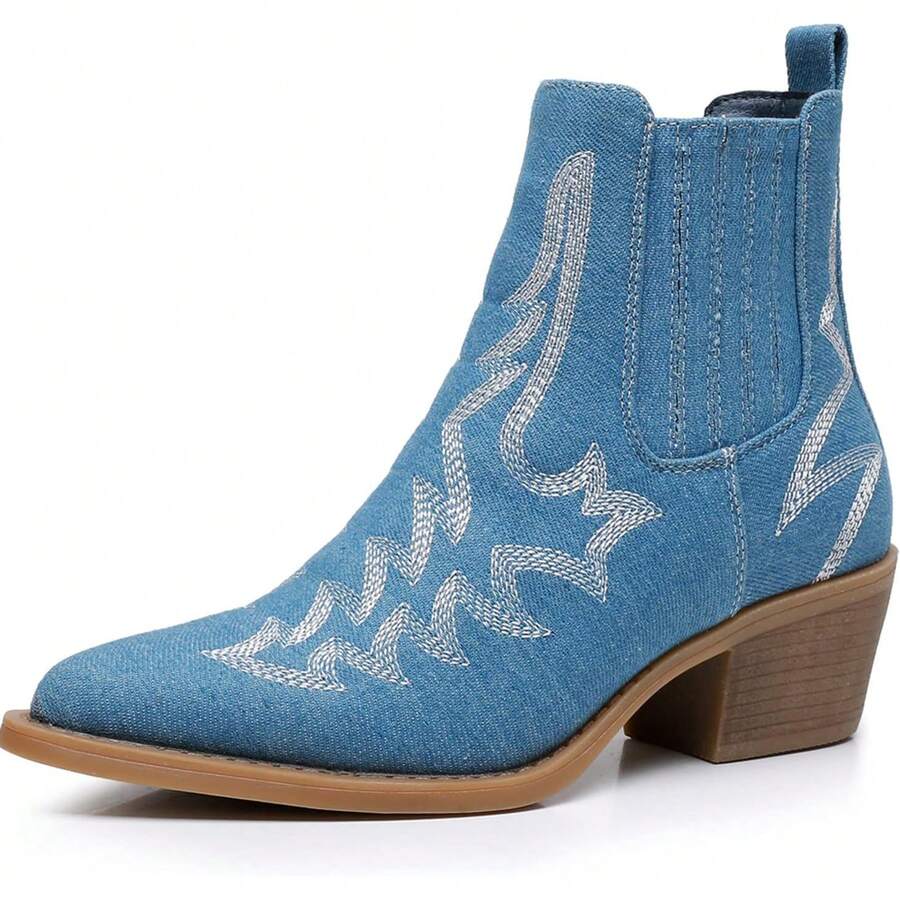 GLOBALWIN Cowboy Boots For Women Pointed Toe Pull On Chelsea Ankle Booties The Western Cowgirl Boots Fall Boots Halloween Season - 藍色 - 查看 1