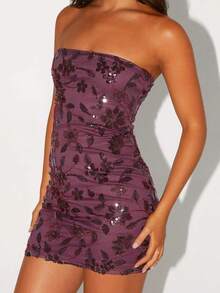 Women Sparkly Beaded Floral Tube Top Dress Slim Off Shoulder Sleeveless Open Back Sequin Mini Bodycon Dress