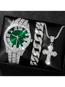 3 PIÈCES/SET Mode HIPHOP Luxe strass Bande d'Acier Calendrier Échelle Romaine Montre à Quartz Homme Avec Ensemble Bracelet strass. Collier Pendentif Croix Zircone Titane. Ensemble Cadeau Collier Bracelet Montre pour Soirées, Fêtes, Clubs Noctunes Décoration Bijoux Accessoires