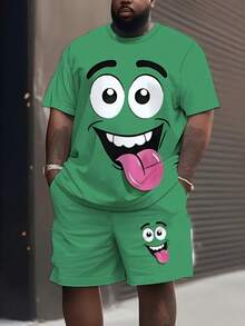 Plus Size Casual Street Style Cartoon Face Print Men 2-Piece Set - Green - View 1