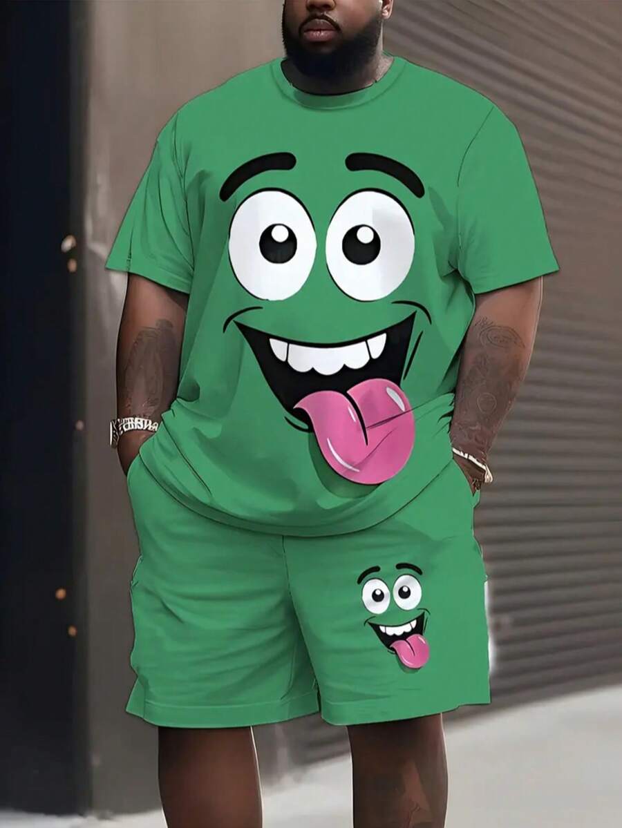 Plus Size Casual Street Style Cartoon Face Print Men 2-Piece Set - Green - View 1