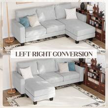 L-Shaped Sectional Sofa, Multi-Seat Modern Sofa With Removable Ottoman, Suitable For Living Rooms, Apartments, Offices,Linen Fabric - 灰色 - 查看 6