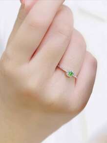 1pc S925 Sterling Silver Square Green Zirconia Elegant Retro Ring, Versatile For Women's Daily Wear, Holiday & Party Gift Jewelry