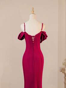 优雅露肩荷叶边腰性感修身开衩细肩带长裙、晚礼服、伴娘服、派对服 - 中紫紅色 - 查看 8