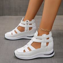 1 par de sandalias de plataforma con cuña de verano, de suela cómoda y suave, con cremallera lateral, para mujer. Esencial para viajar. - Blanco - Ver 3