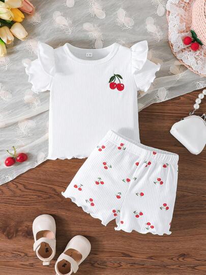2pcs/Set Baby Girl' Cute Minimalist Cherry Embroidery Short Sleeve Top And Cherry Print Shorts, Summer Casual Outdoor Outfit