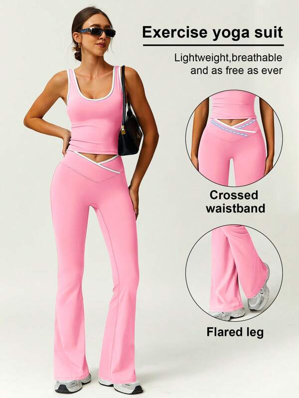2 Stücke Damen Kontrast-Farben Sport Trägertop und weit geschnittene Hose Set, modisch und vielseitig