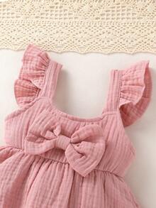 2 件女婴优雅可爱连体衣和连衣裙套装，柔软透气舒适，带蝴蝶结装饰，纯色分层荷叶边连体衣+太阳帽，适合休闲、日常、度假 - 粉色 - 查看 7