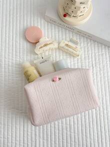 条纹图案蓬松柔软女士化妆包，拉链旅行化妆包，可爱格子洗漱包，大容量带提手化妆收纳包，多功能收纳包，毕业季 - 粉色 - 查看 4