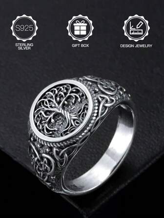 925 Sterling Silver Celtic Life Tree Signet Ring For Men, Vintage Woven Texture, Faith Declaration Ring, Carved Tree Root Ring, Devotional Ring, Retro Dark Style Jewelry, Birthday Anniversary Gift, Valentine's Day, Halloween, Comes With Gift Box