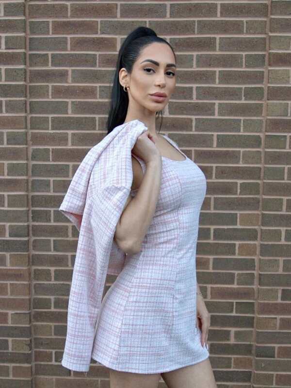 Carolina Barros Conjunto de 2 piezas de chaqueta y vestido con botones frontales de estilo vintage a cuadros, para otoño y ropa de Año Nuevo