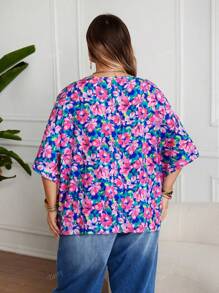 Woven Round Neck Plus Size Batwing Half Sleeve Floral All-Over Print Blouse, Casual Spring/Summer Vacation Wear For Plus Size Women