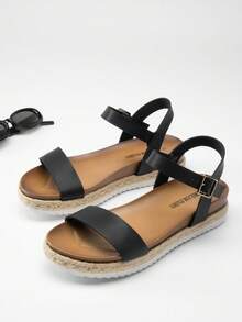 Women's Wedge Sandals Low Heel One-Strap Ankle Strap For Dress Vacation, Wedding,Beach Commuting Summer Flat Sandal BLACK Sandals - 黑色 - 查看 5