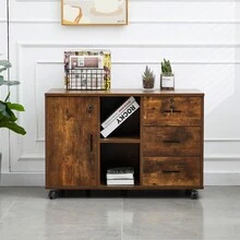 CLIPOP Rolling Filing Cabinet Lockable 3 Drawer Desk Side Cabinet With 5 Rolling Wheels, 1 Closed And 2 Open Storage,Anti-Toppling Mobile File Cabinet For Home Or Office Use - Brown - View 1