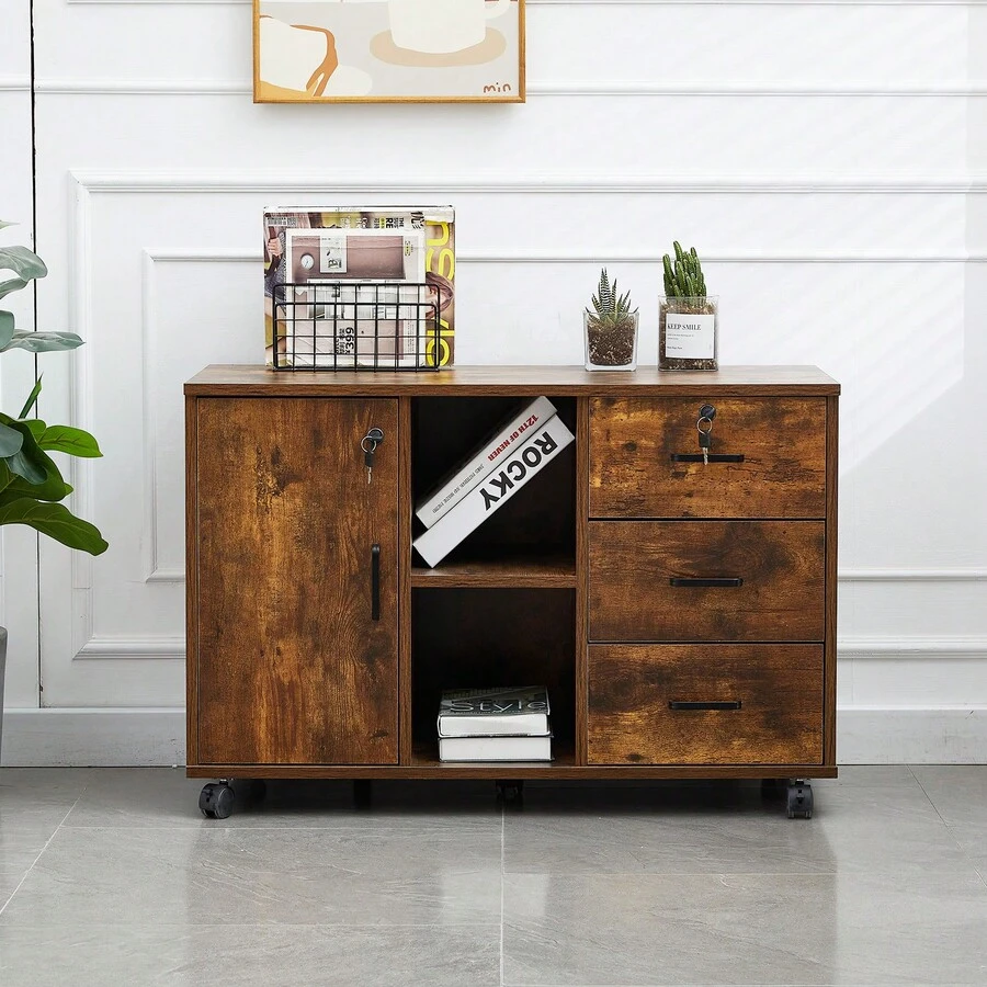 CLIPOP Rolling Filing Cabinet Lockable 3 Drawer Desk Side Cabinet With 5 Rolling Wheels, 1 Closed And 2 Open Storage,Anti-Toppling Mobile File Cabinet For Home Or Office Use - Brown - View 1
