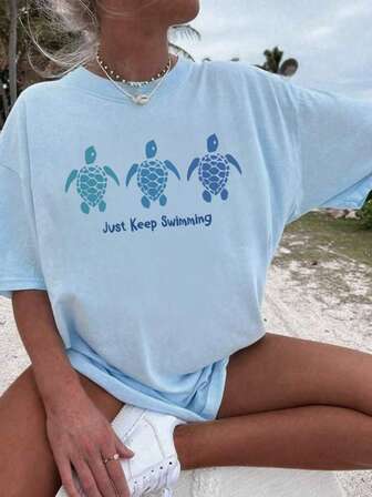 Ladies' New Spring And Summer Turtle Print Casual Round Neck Blue Short Sleeved T-Shirt With Fashionable Vacation Style Suitable For Daily Vacation Wear. Pink Top Black Top Graphic Tees Women