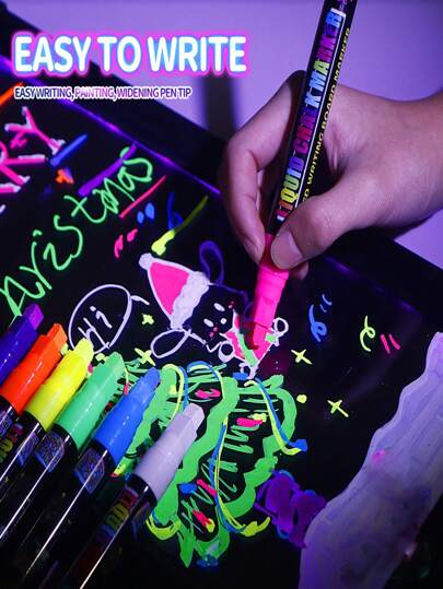 8/6pcs Fluorescent Marker Pen Set, Glow-In-Dark Erasable Highlighters For Fluorescent Board, Blackboard, Whiteboard, Watercolor Back To School