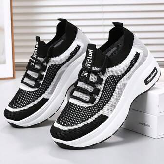 Women's Height Increasing Athletic Shoes - Fashionable Black Sports Sneakers With Breathable Mesh, Comfortable Walking Shoes For Women