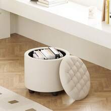 18.7inch Storage Round Ottoman, Footstools With Hidden Storage With Removable Lid, Stylish Button Tufted Design Ottoman Foot Stools For Living Room, Bedroom - Beige - View 9