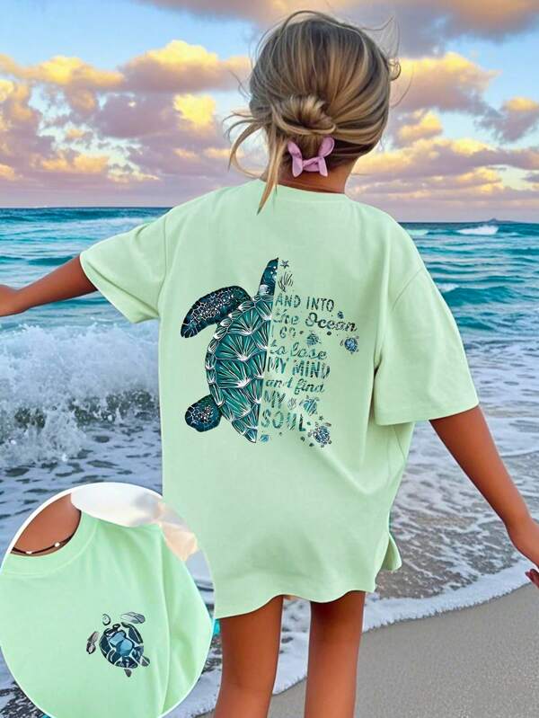1pc Tween Girls Tropical Turtle Print Summer Short Sleeve T-Shirt, Young Student Beachwear