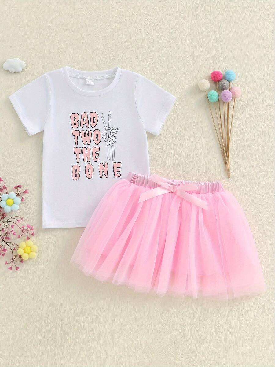 Conjunto de 2 piezas de verano para niñas pequeñas, top de manga corta con estampado de mano de esqueleto y falda de tul, ropa para bebé - Blanco - Ver 1