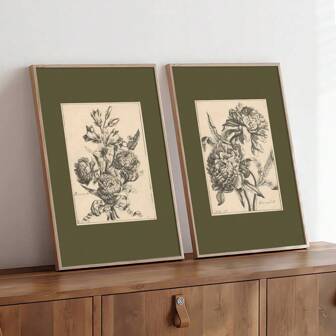Set Of 2 Unframed Green Sketch Flower Vintage Wall Art Poster Canvas Print Minimalist Antique Botanical Floral Rustic Retro Painting For Dorm,Apartment,Living Room,Bedroom,Modern Home Decoration