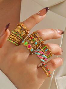 Conjunto sortido de anéis de esmalte vintage em tons de aço inoxidável femininos, 6/10/16/24/30 peças, cores e estilos aleatórios, adequado para decoração diária
